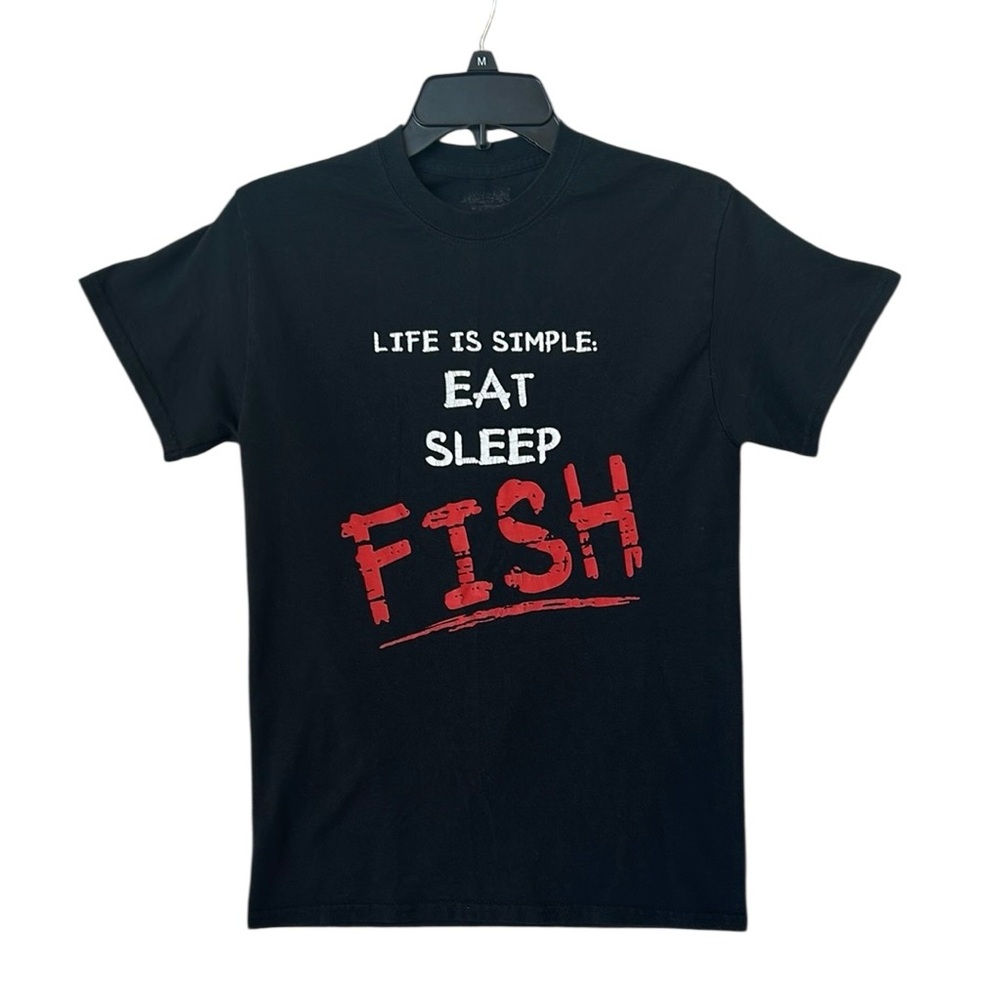 Black 'Eat Sleep Fish' T-Shirt Distressed White/Red Unisex Fisherman Outdoors S